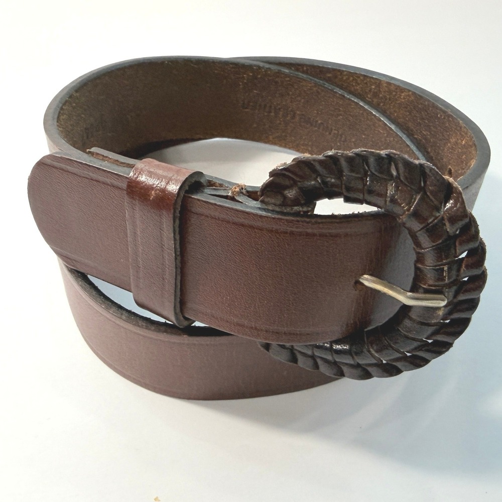Vintage Brown Genuine Leather Belt Braided Round Buckle Small 98447 S